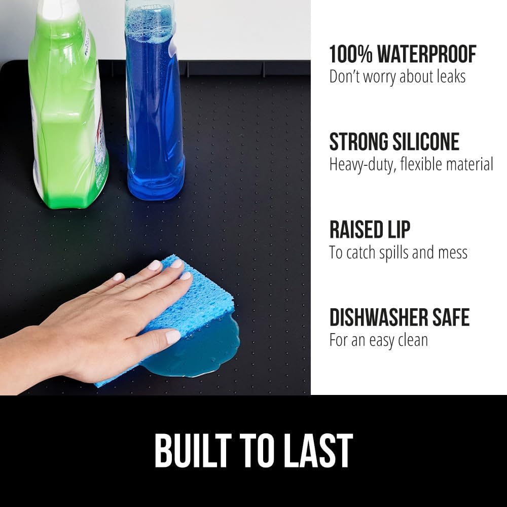 GORILLA GRIP Waterproof Silicone Under Sink Mat with Raised Lip for Kitchen and Bathroom, Cabinet Shelf Liner Stay in Place Mats Dishwasher Safe Drawer Liner, Organizer Tray, 19 x 22 in, Black