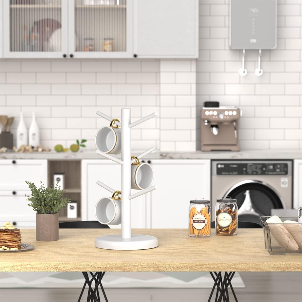 Dorhors Mug Holder Tree,Coffee Cup Holder with 6 Hooks, Wood Mug Rack for Counter,Coffee Bar Accessories and Orgnizer Station,White