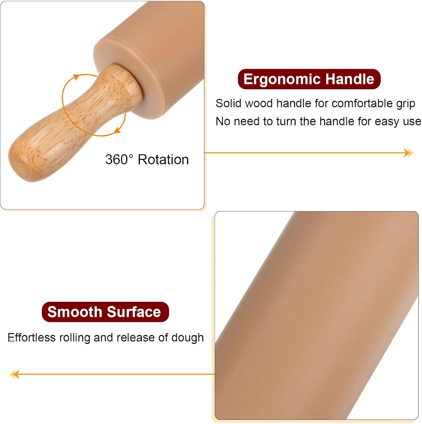 HARFINGTON Silicone Rolling Pins for Baking 12.2 Inch Non-Stick Silicone Surface Wooden Handle Rolling Pin Small Roller Playdough Rolling Pins for Fondant Kitchen Dough Pizza, Brown