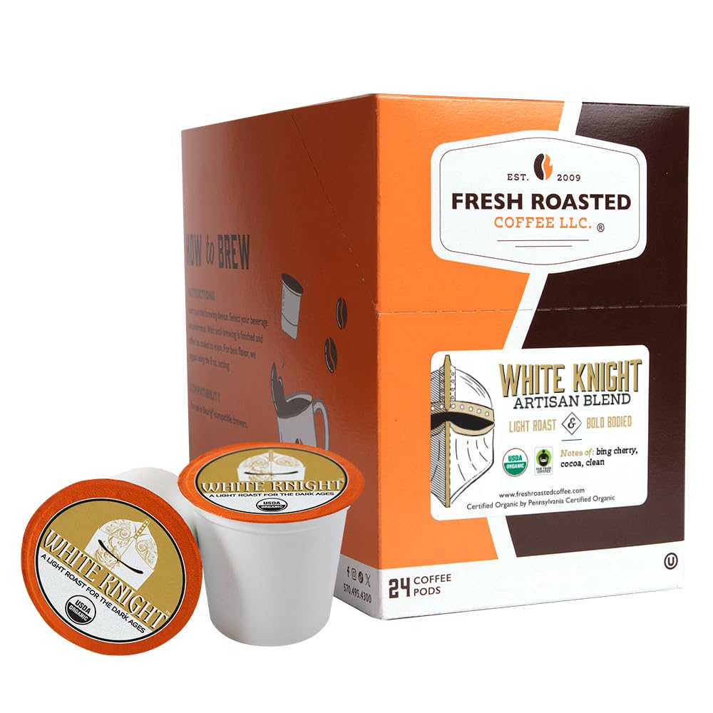Fresh Roasted Coffee, Organic White Knight | USDA Organic, Kosher | Light Roast 24 Pods for K Cup Brewers