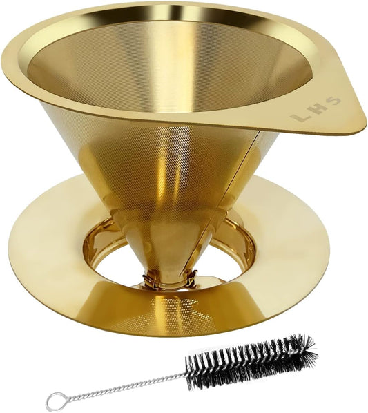 LHS Pour Over Coffee Dripper Reusable Coffee Filter Paperless Coffee Filter Stainless Steel Pour Over Coffee Maker Cone Coffee Dripper for 1-2 Cup,Gold
