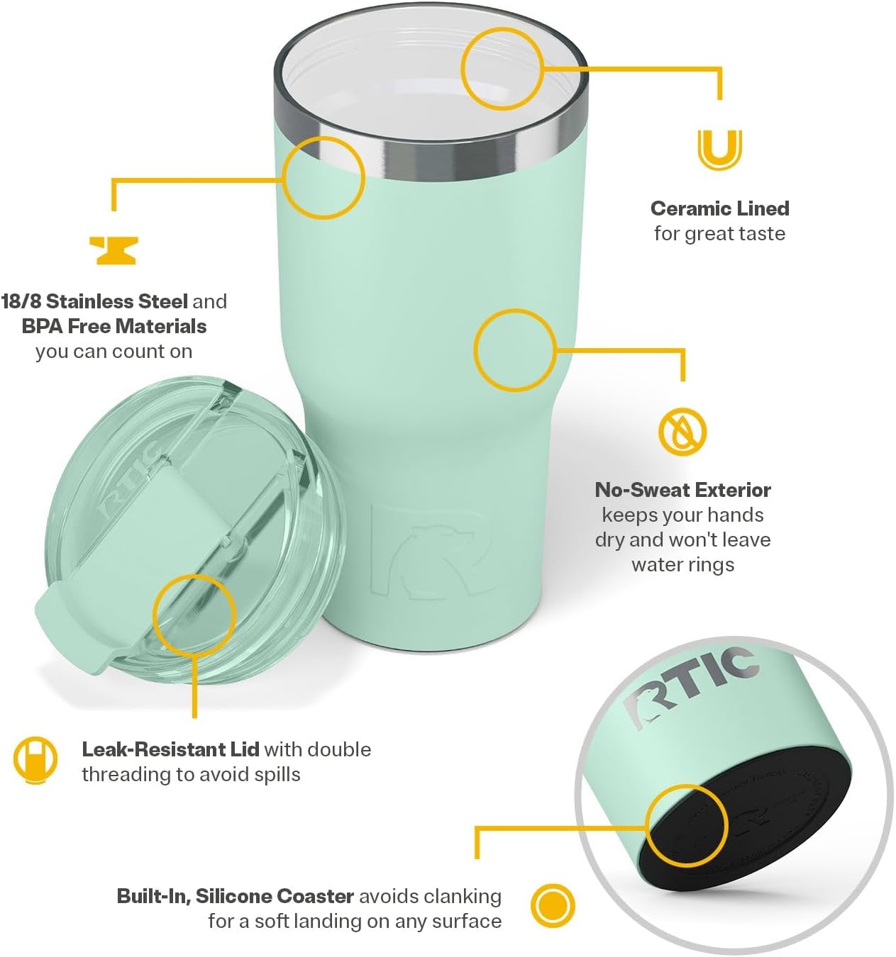 RTIC 20oz Essential Tumbler with Lid, Insulated, Stainless Steel, Metal, Double Wall Vacuum-Insulation, Ceramic Lined, Travel Cup for Iced Coffee, Tea, Hot and Cold Drink, Fresh Mint