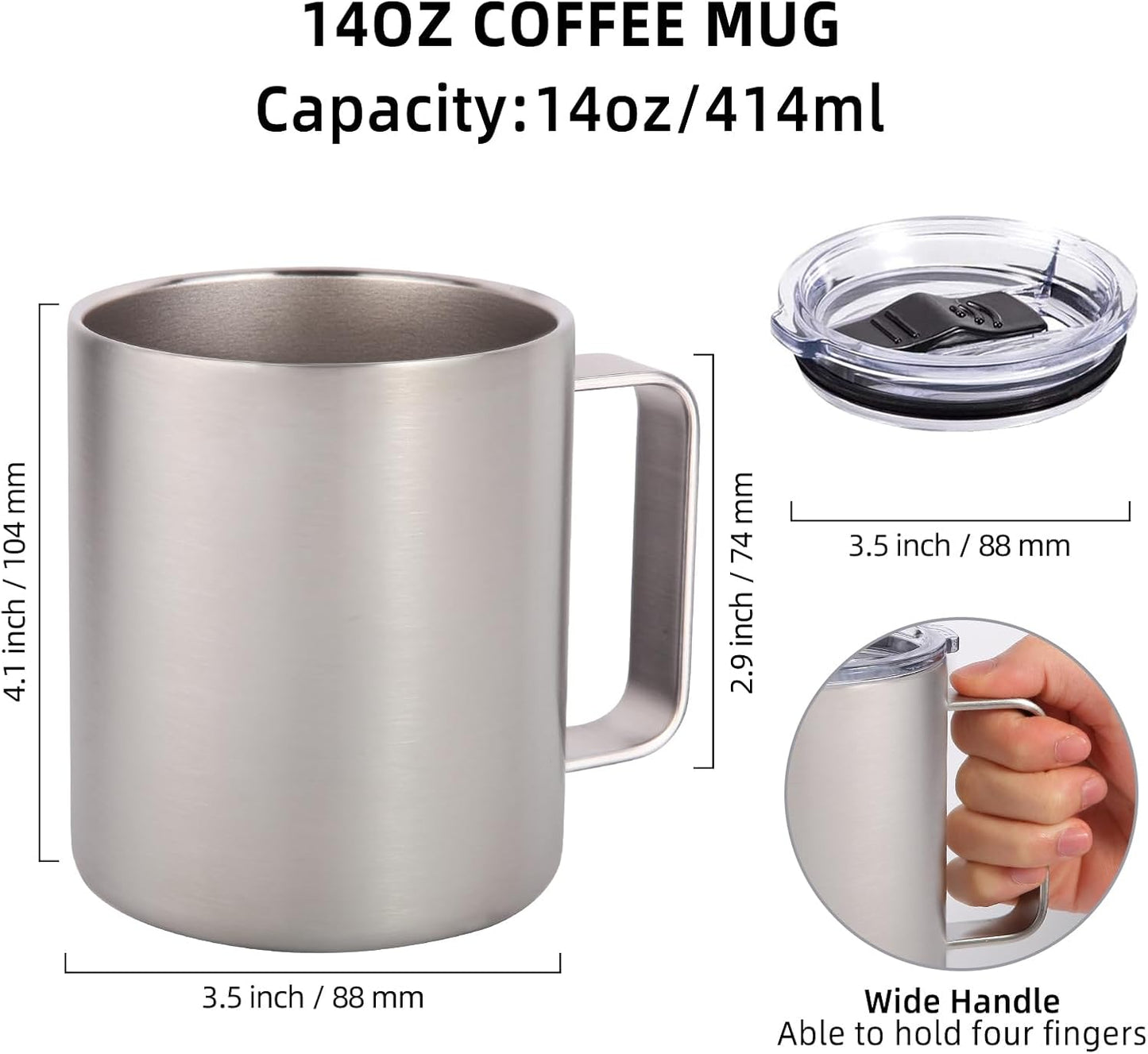 Volhoply 14oz Insulated Stainless Steel Coffee Mug with Lid Bulk 2 Pack,Double Wall Vacuum Travel Coffee Cup with Handle,Reusable Cups Tumbler,Camping Mugs Keep Hot&Cold,Ideal Gifts(MIX,2)