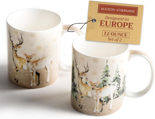Maison d' Hermine Coffee Mug with Handles Fine Bone China Mugs Pack of Two Tea Cups for Hot Beverages Cappuccino Latte Home Restaurant Office Perfect for Gift (Deer In The Woods, 12 Ounce)