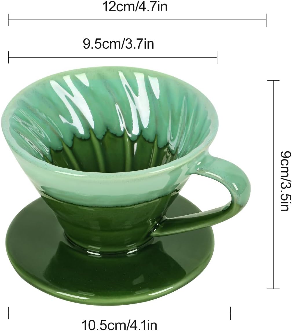 Ceramic Coffee Dripper Filter 02-4Cup Pour Over Coffee Dripper, 60 Angle Cone Ceramic Hand Brew Coffee Cup Retro Filter Set Reusable Portable Coffee Maker (Green)