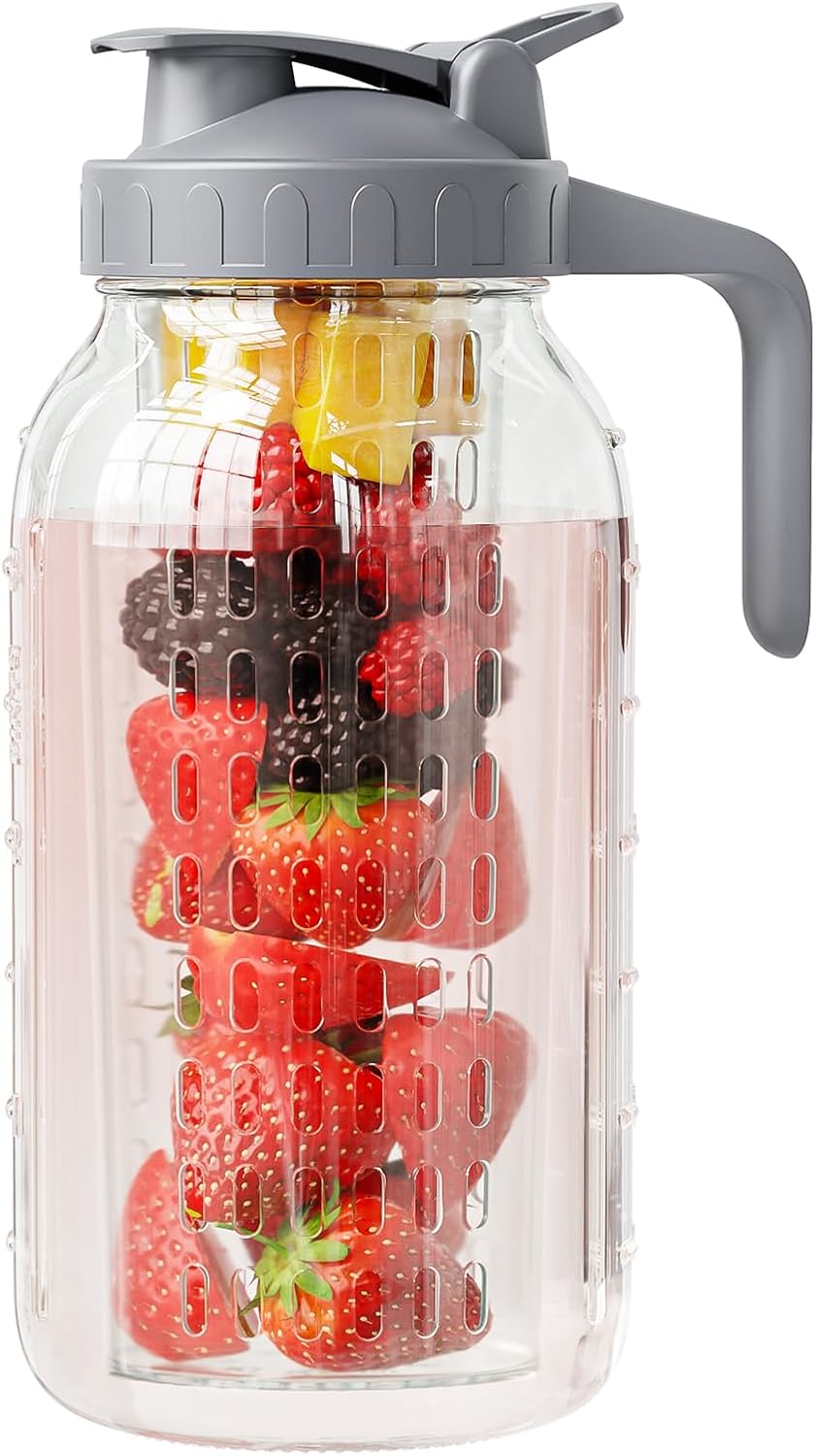 Fruit Infuser Water Pitcher,Glass Mason Jar Pitcher,64oz(2 Quart) Wide Mouth Jug with Pour Spout Handle Lid for Fruit Drinks,Cold Brew Coffee,Ice Beverage,Iced Juice,Lemonade,Sun Tea Container
