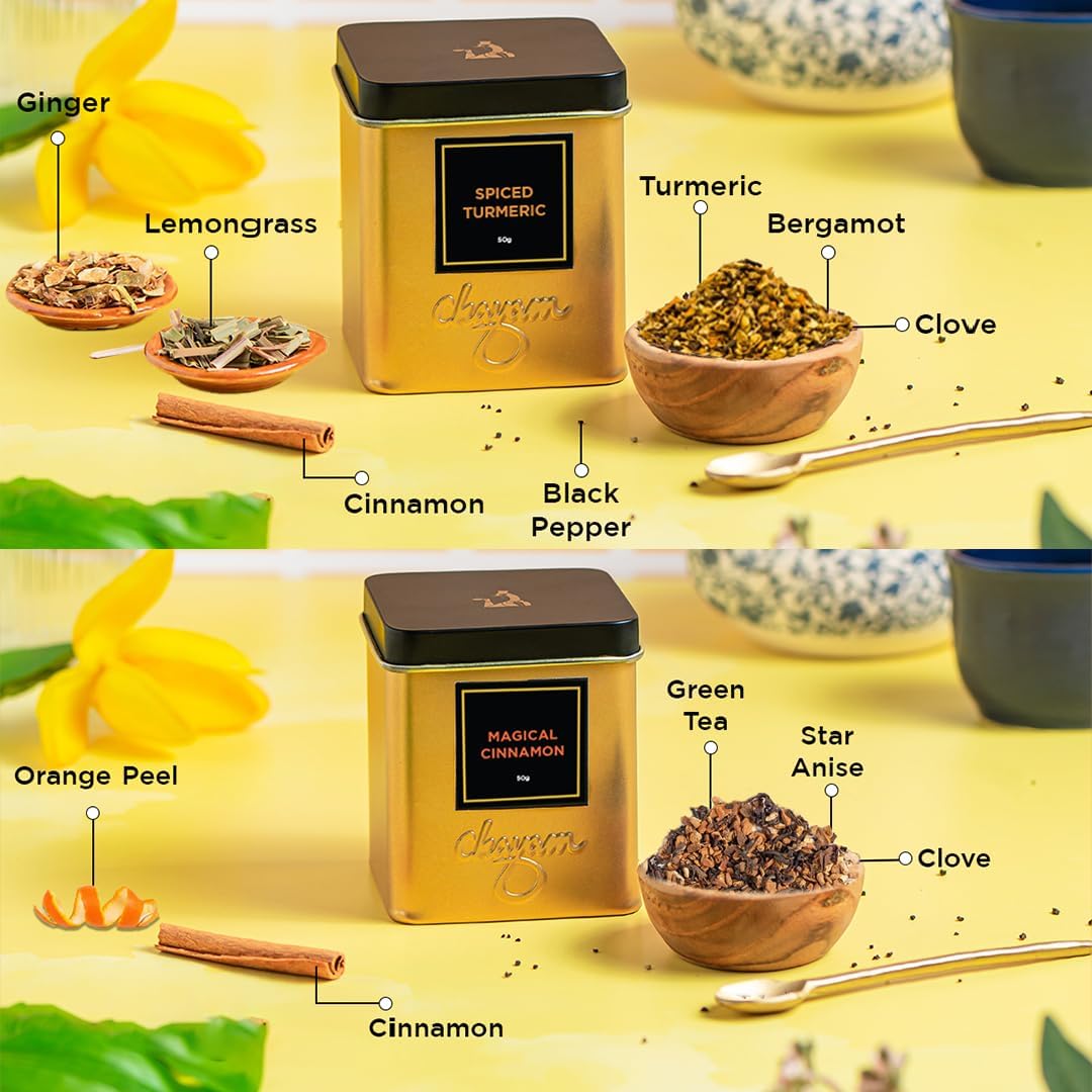 CHAYAM Herbal Tea Gift Box | Wellness Gift Set for Mother’s Day – Spiced Turmeric & Magical Cinnamon | 50g/1.77oz Each | Herbal Tea Hamper for Mom, Friends & Family | Ideal for Tea Enthusiasts