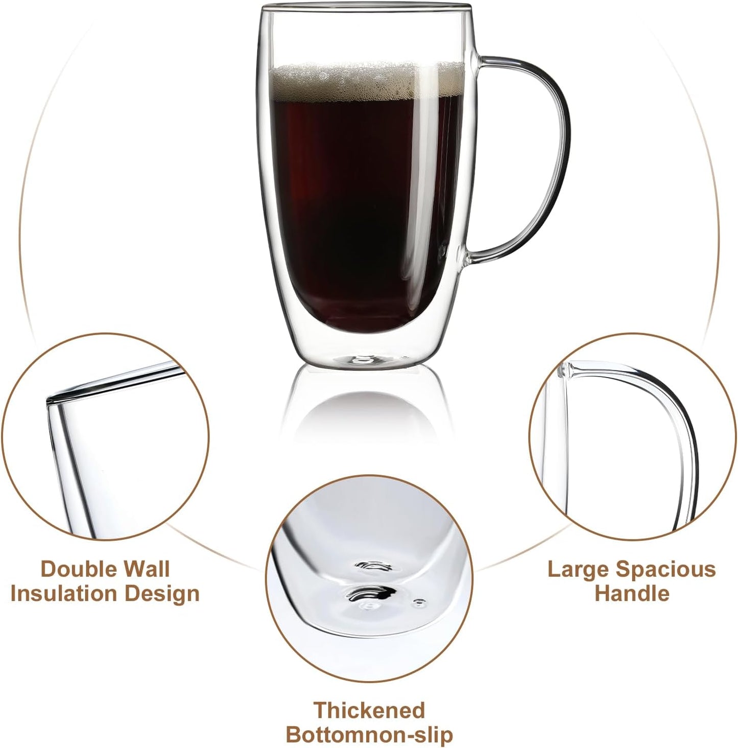 Aurzen 2 Pack Double Walled Glass Coffee Mugs with Handles, Large Insulated Layer Coffee Cups, 15oz Clear Borosilicate Mugs, Perfect for Cappuccino, Tea, Microwave Safe