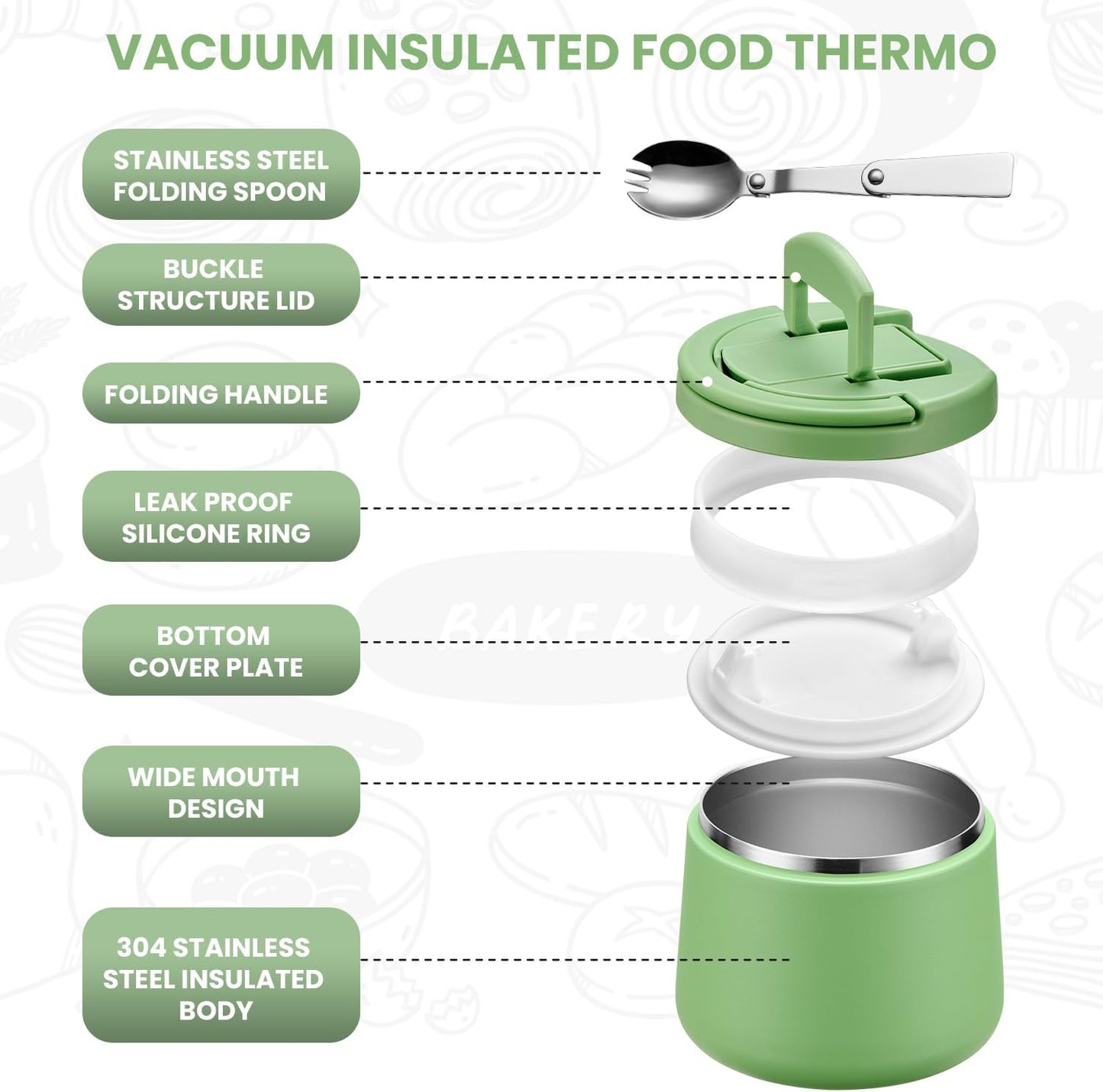 Soup Thermo for Hot Food Kids 14oz Lunch Containers with Buckle Lid Wide Mouth Hot Food Jar Vacuum Insulated Stainless Steel Bento Box Leakproof with Spoon(Green)