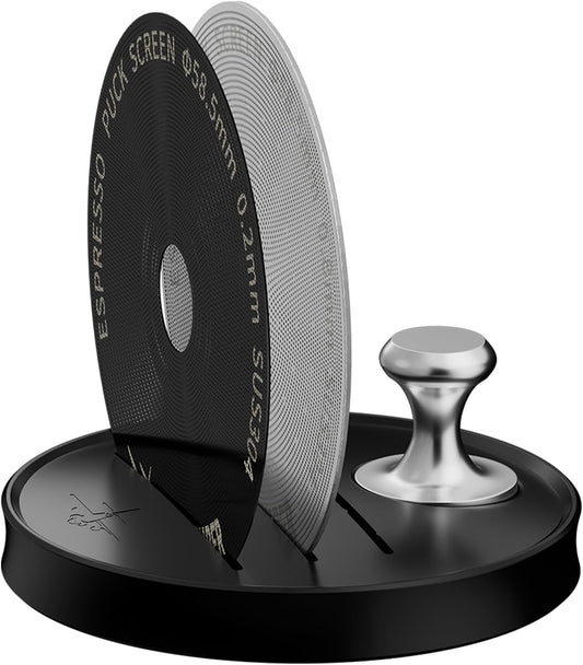 MHW-3BOMBER 58mm Espresso Puck Screen - 0.2mm Ultra Thin Espresso Puck with Round Hole - Metal Reusable Coffee Filter for Portafilter Basket 58mm - Puck Screen with Stand 3 Pack FG7054-OS