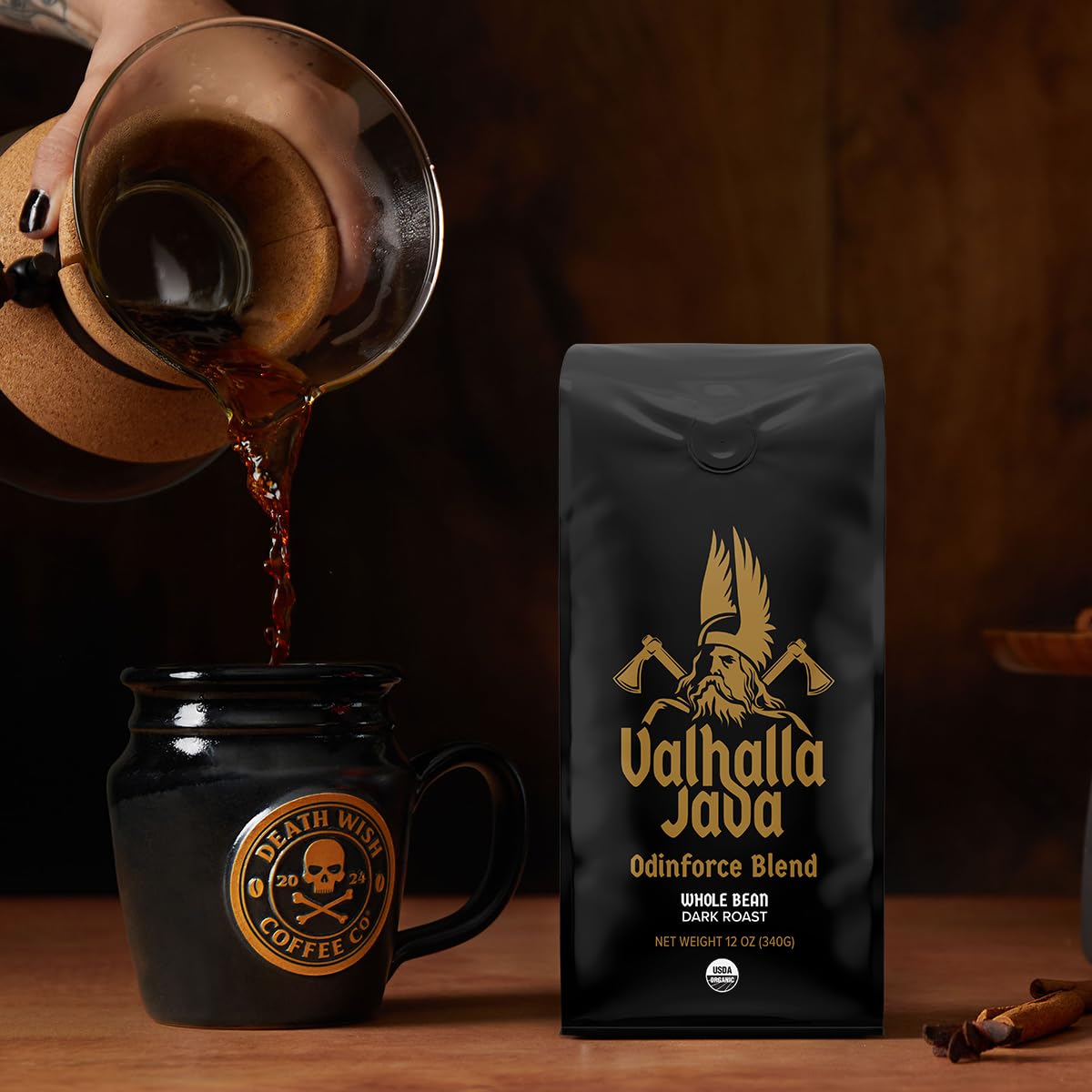 Death Wish Coffee, Valhalla Java Odinforce Blend - Whole Bean Dark Roast - Extra Kick of Caffeine - Arabica & Robusta Coffee Beans - 12 Ounce (Pack of 1)