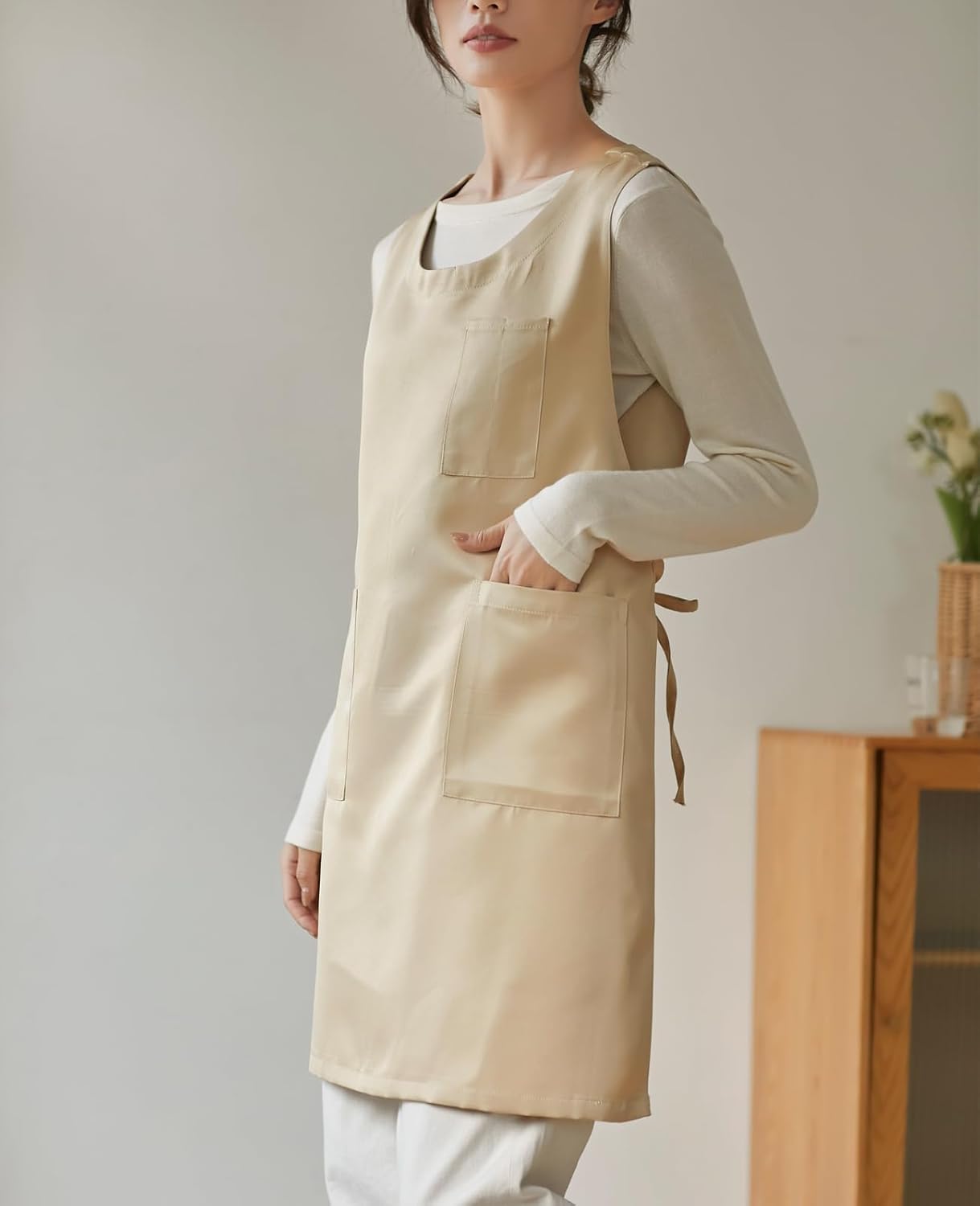 Women Cobbler Apron Japanese Style Aprons with 3 Pockets for Work Chef Kitchen