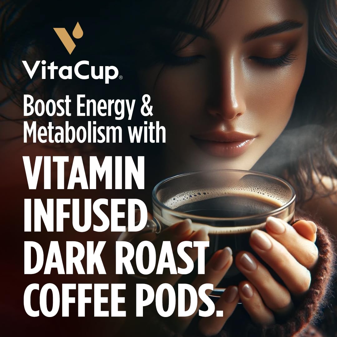 VitaCup Energy Dark Roast Coffee Pods, Boost Focus & Metabolism, Antioxidants, B Vitamins, Bold & Smooth,100% Arabica Coffee, Recyclable Single Serve Pod Compatible with Keurig K-Cup Brewers,64 Ct
