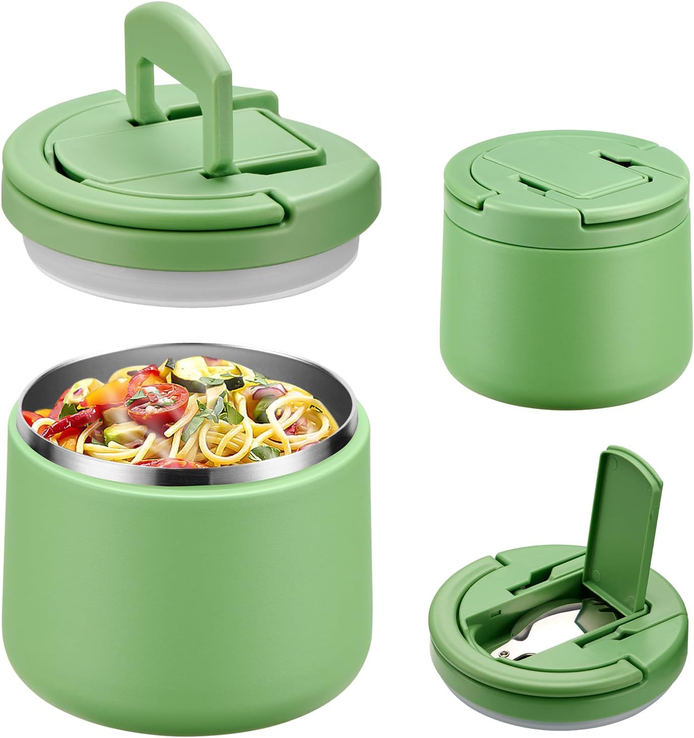 Soup Thermo for Hot Food Kids 14oz Lunch Containers with Buckle Lid Wide Mouth Hot Food Jar Vacuum Insulated Stainless Steel Bento Box Leakproof with Spoon(Green)