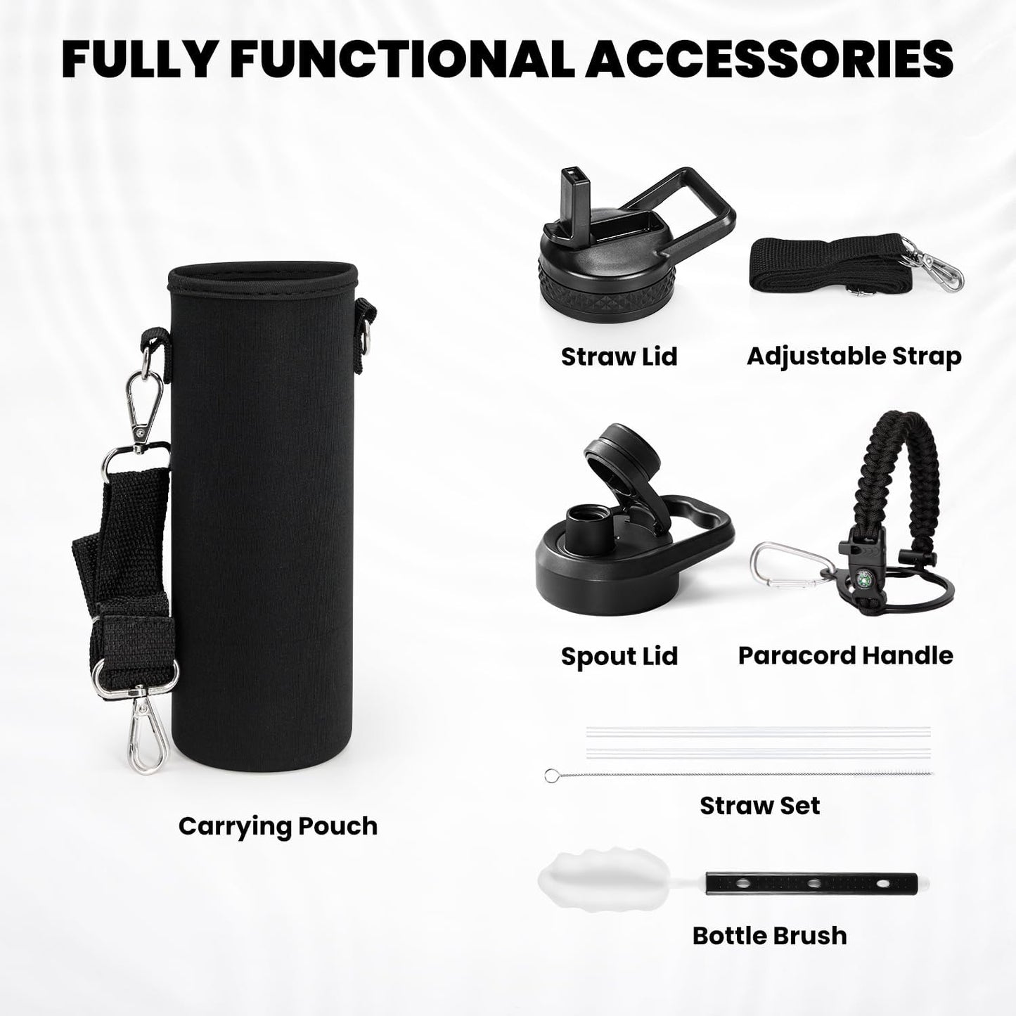 Insulated Water Bottle 24oz, Triple Wall Vacuum Stainless Steel (Cold for 48 Hrs, Hot for 24Hrs), Leak Proof & Non-BPA, 24oz Hydro Water Flask with Paracord Handle & Straw Spout Lids