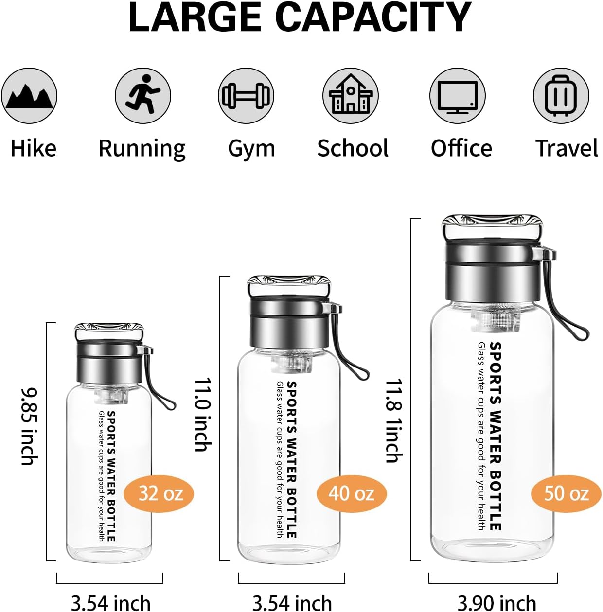 32 oz Glass Water Bottles - Large, Clear, Borosilicate Glass Water Bottle with Stainless Tea Infuser - Cup-Function Lid, Neoprene Sleeve, Strap - Wide Mouth BPA free, for Tea, Beverages, Juice