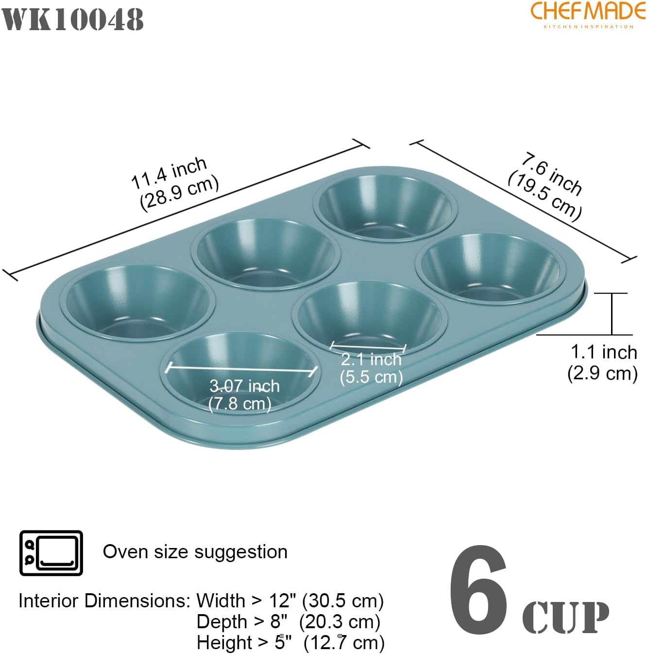 CHEFMADE Muffin Pan, 6-Cavity Non-Stick Cupcake Baking Pan Heavy Duty Carbon Steel Pan Muffin Tins Standard Baking Mold for Cakes（Green）