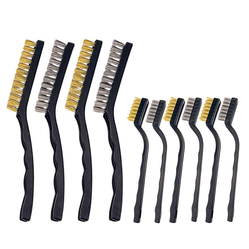 Wire Brush Set Scratch Brush Set for Cleaning Welding Slag Rust and Dust Curved Handle Stainless Steel and Brass Black 10-Pack