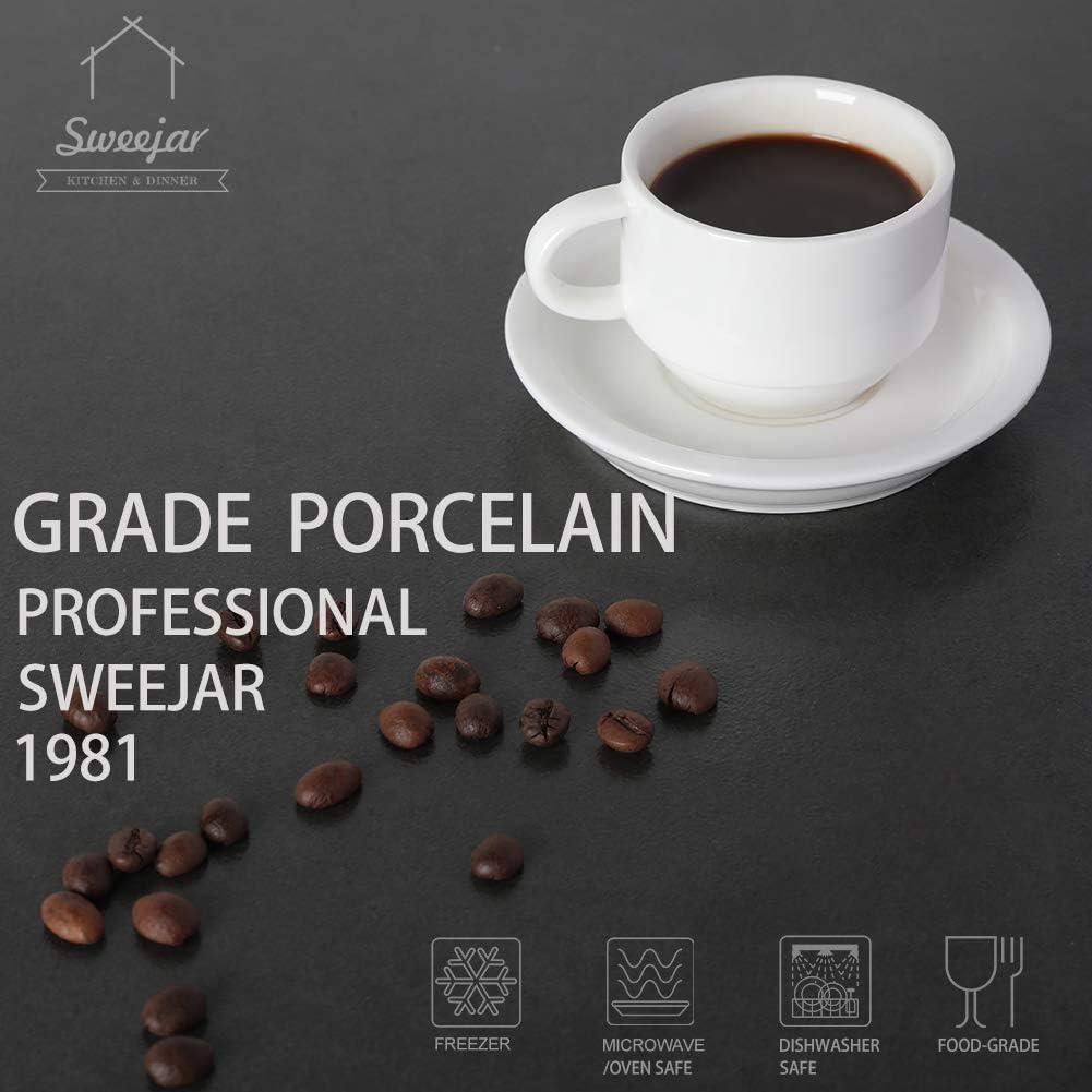 Sweejar Porcelain Espresso Cup & Saucer Set, Stackable Demitasse Cups with Metal Stand, 2.5 OZ for Latte,Coffee,Cafe Mocha,Tea, Set of 6(White)