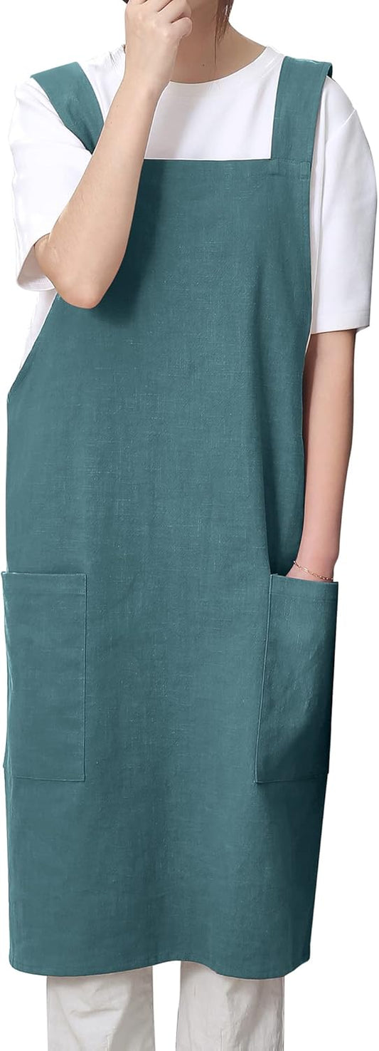 Soft Cotton Linen Apron for Women - Non-tie Cross Back Apron with Pockets, Great for Florist and Kitchen
