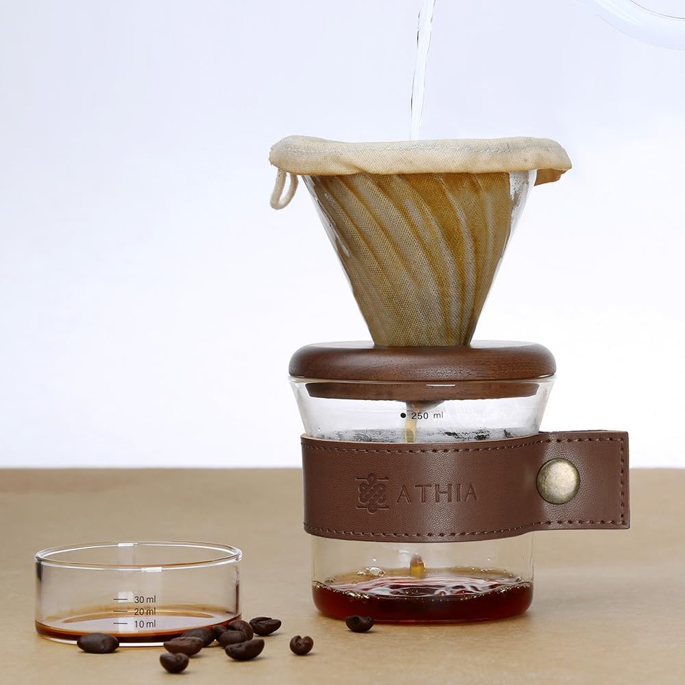 ATHIA glass pour over coffee maker set, minimalist drip coffee maker with reusable cloth filter, glass coffee dripper, walnut lid & leather sleeve for single cup manual brewing (Walnut Wood)