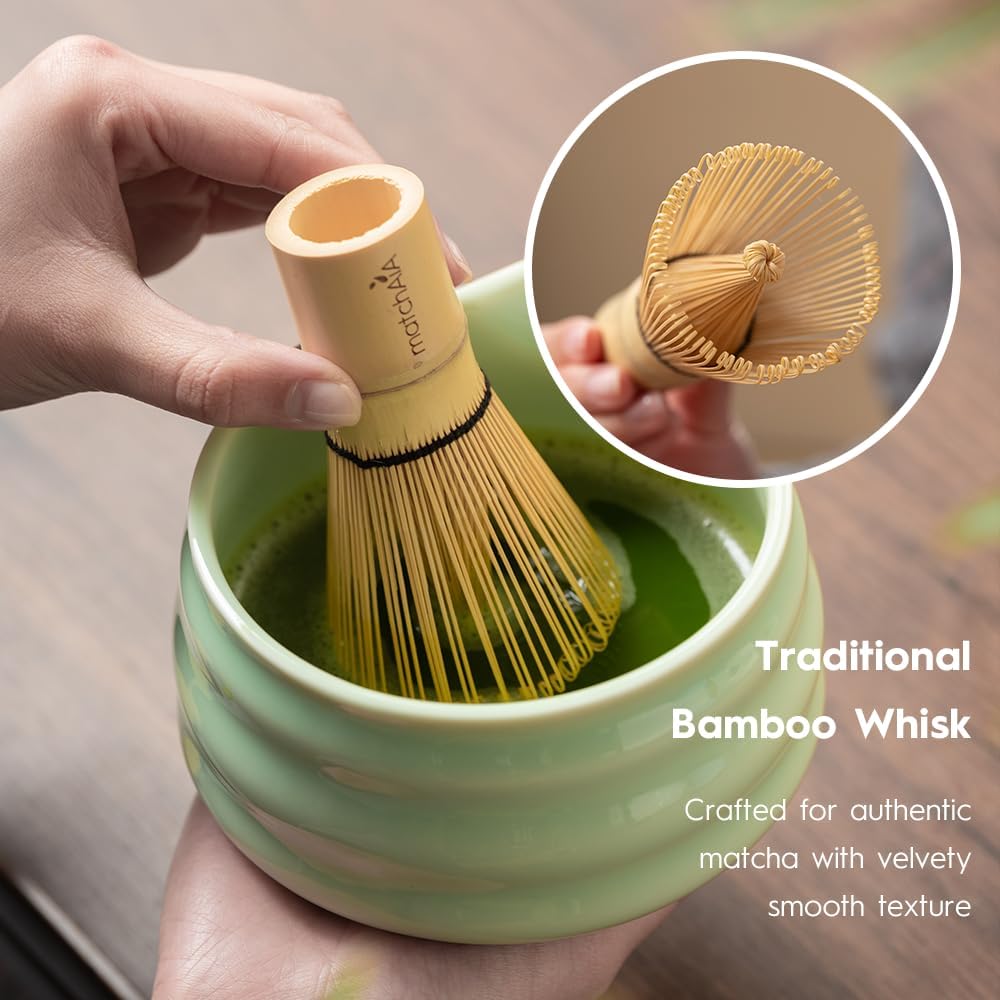 7 Pcs Matcha Set - Ceramic Bowl, Bamboo Whisk with Holder, Sifter, Schima Spoon, Spoon Rest and Tea Towel, Complete Kit for Traditional Matcha and Modern Lattes (Green)