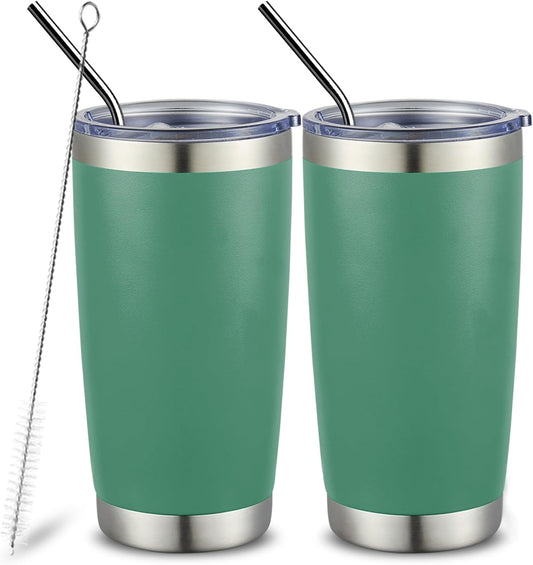 COMOOO 20oz Tumbler Bulk Double Wall Vacuum Insulated Travel Mug, Stainless Steel Tumbler with Lid and Straw Durable Powder Coated Insulated Coffee Cup for Cold & Hot Drinks (Dark Green, 2 pack