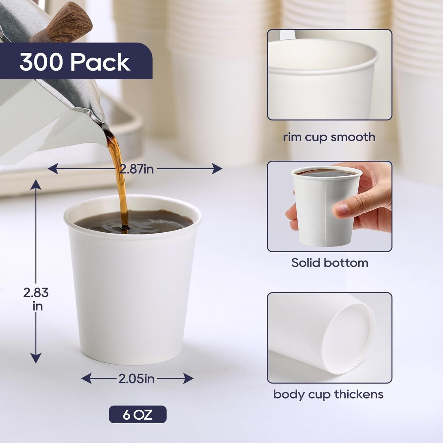 LITOPAK 300 Count 6 oz Paper Cups, Disposable White Paper Coffee Cups, Hot Beverage Drinking Cup for Coffee, Water, Juice, and Espresso