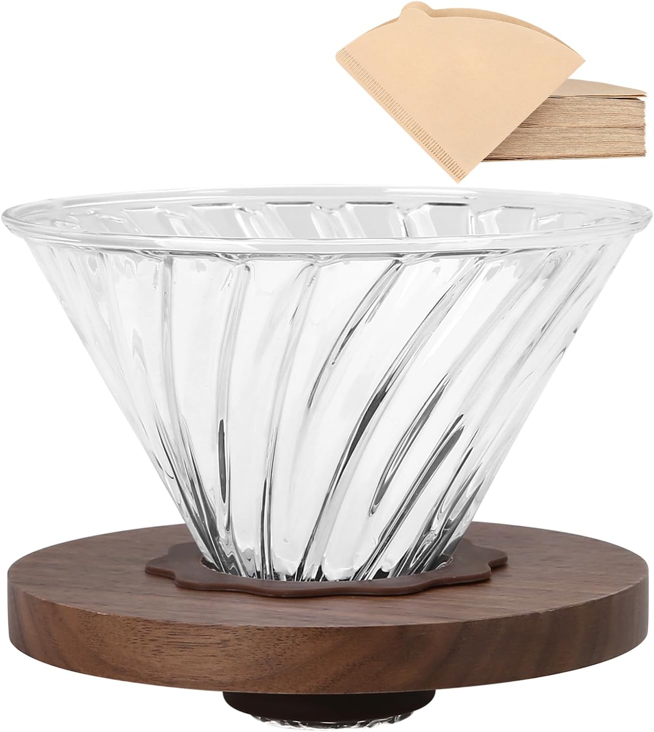 Pour Over Coffee Dripper with 100 pcs Size 02 Paper Filter, Walnut Handle and Borosilicate Glass, Glass Coffee Dripper, Hold for 1-4 Cups