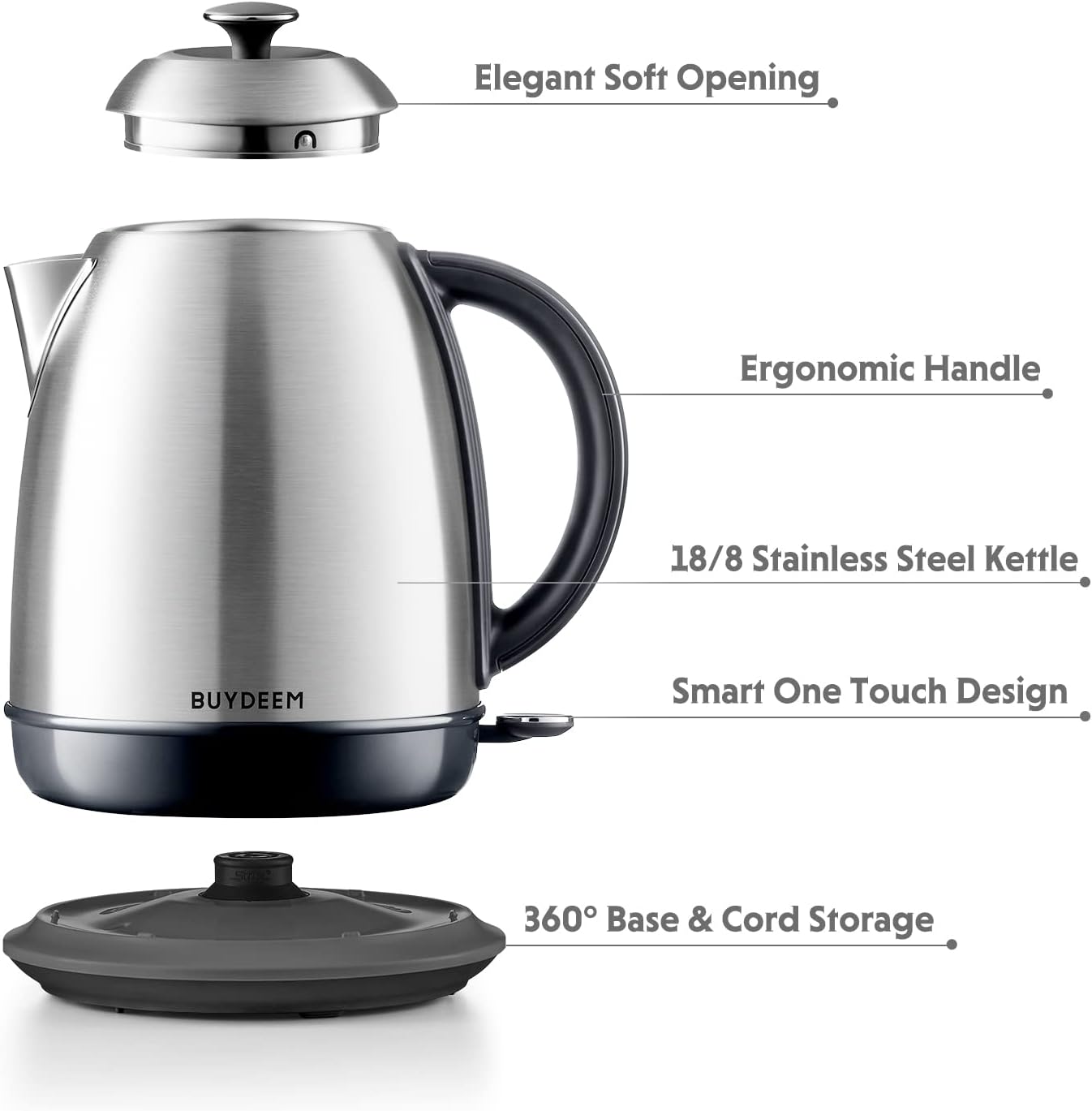 BUYDEEM K640 Stainless Steel Electric Tea Kettle with Auto Shut-Off and Boil Dry Protection, 1.7 Liter Cordless Hot Water Boiler with Swivel Base, 1440W,Retro Silver