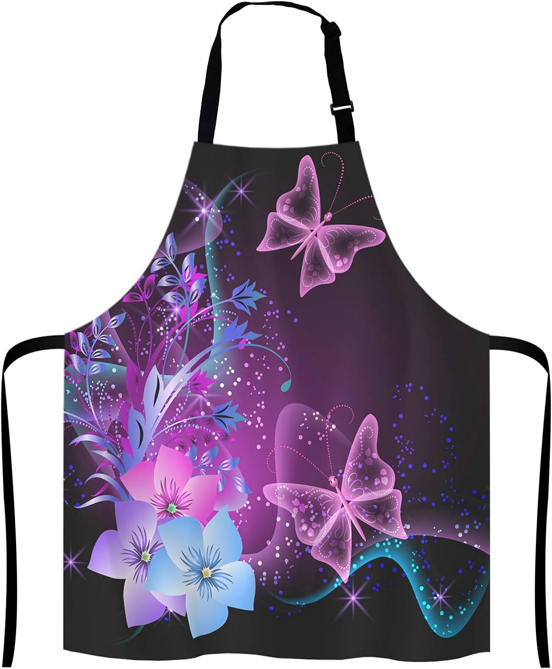 Purple Apron, Pink Purple Butterfly and Flowers Adjustable Bib Apron Kitchen Cooking Baking Gardening Apron for Women Men