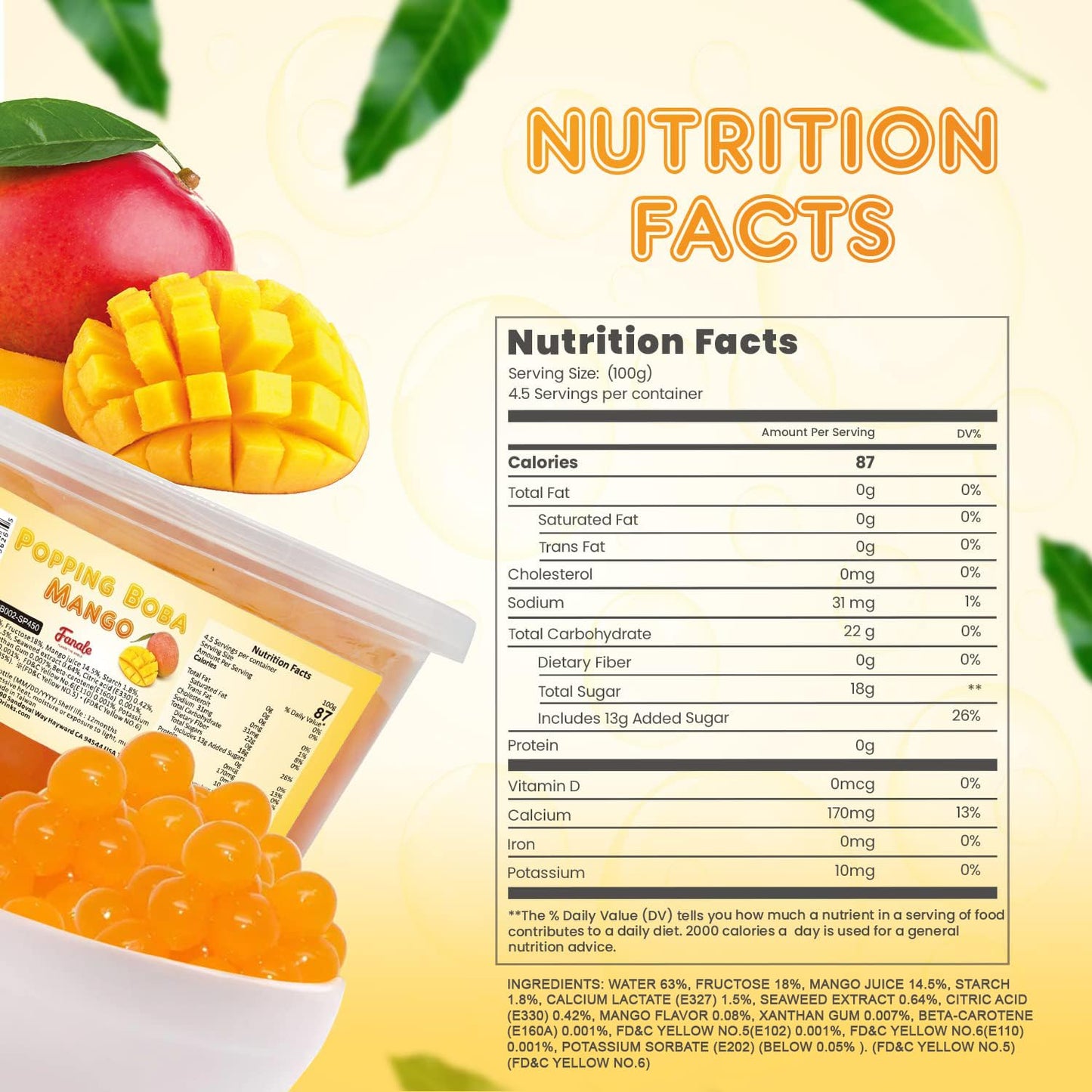 Fanale Popping Boba Pearls for Bubble Tea - 2 lb (1 lb X 2) | Mango | Bursting Boba Pearls Bubble 450g X 2 | Real Fruit Juice for Shakes, Dessert, Smoothie | FPB002-SP450 X 2