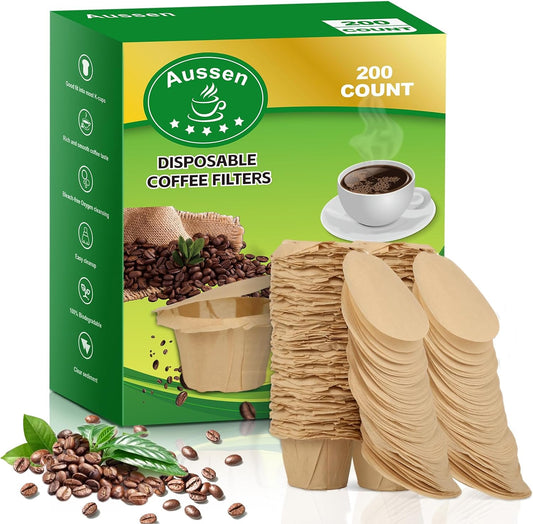 Aussen Disposable Coffee Paper Filters Replacement Kerig Filter Fit All Keurig Single Serve Filter Brands Compatible with Reusable Single Serve Pods Keurig Coffee Maker (Natural with Lid, 200pcs)