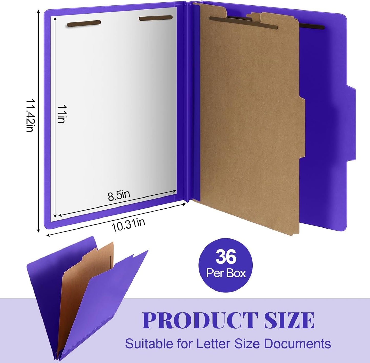 36 Pcs Classification Folders Letter Size, Back to School Supply for Teacher, Student, 1 Divider Pressboard File Folder Bulk with 2 Fasteners, 3.5 Inch Expanding File Organizer (Purple)