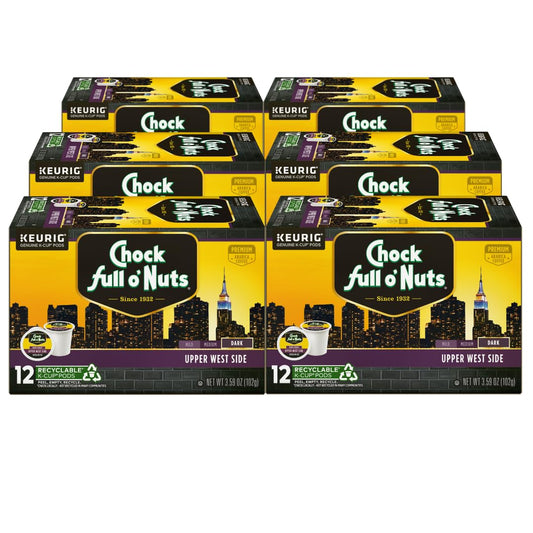 Chock Full o'Nuts Upper West Side Coffee, Dark Roast, Compatible with K-Cup Pods, 12 CT (Pack of 6)