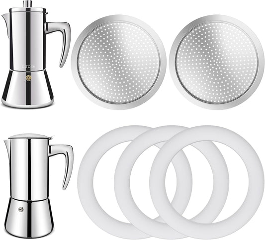 2 Pcs Filter with 3 Pcs Silicone Gasket Seals for 6 Cup Stovetop Espresso Coffee Maker Replacement Parts for 304 Stainless Steel Moka Pot