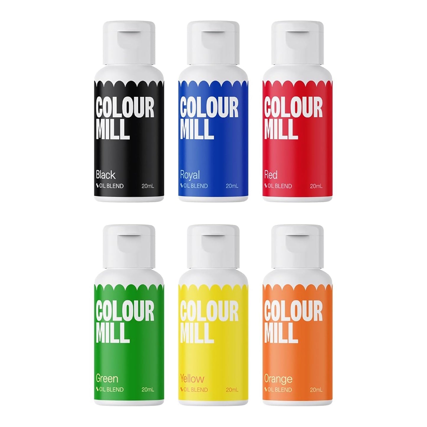 Colour Mill Oil-Based Primary Food Coloring, 20 Milliliters Each of 6 Colors: Black, Royal, Red, Green, Yellow and Orange