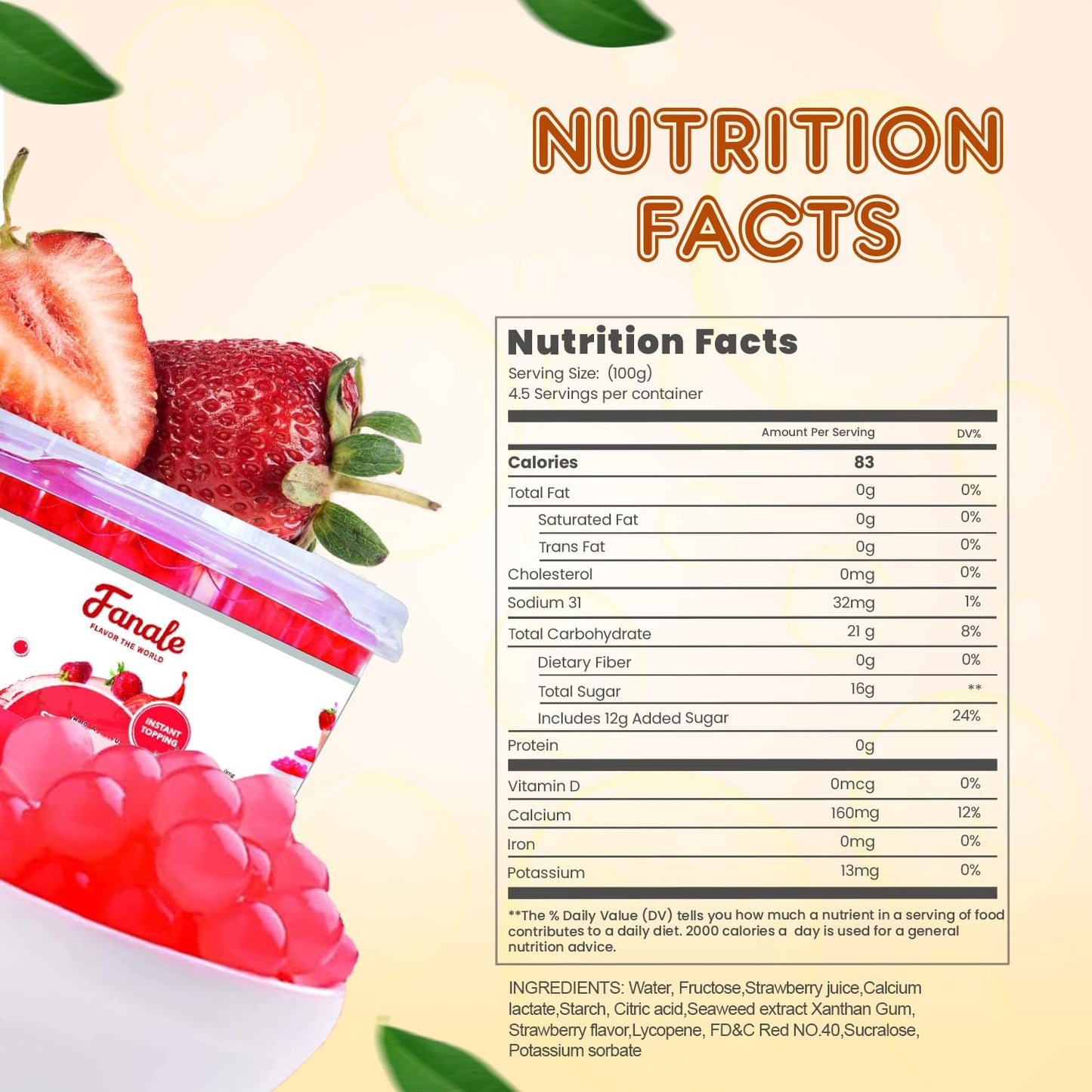 Fanale Strawberry Popping Boba Pearls, Vegan, Non GMO, Gluten Free, Fat Free, Perfect for Bubble Tea, Smoothies, Ice Cream, Desserts, and Beverages.