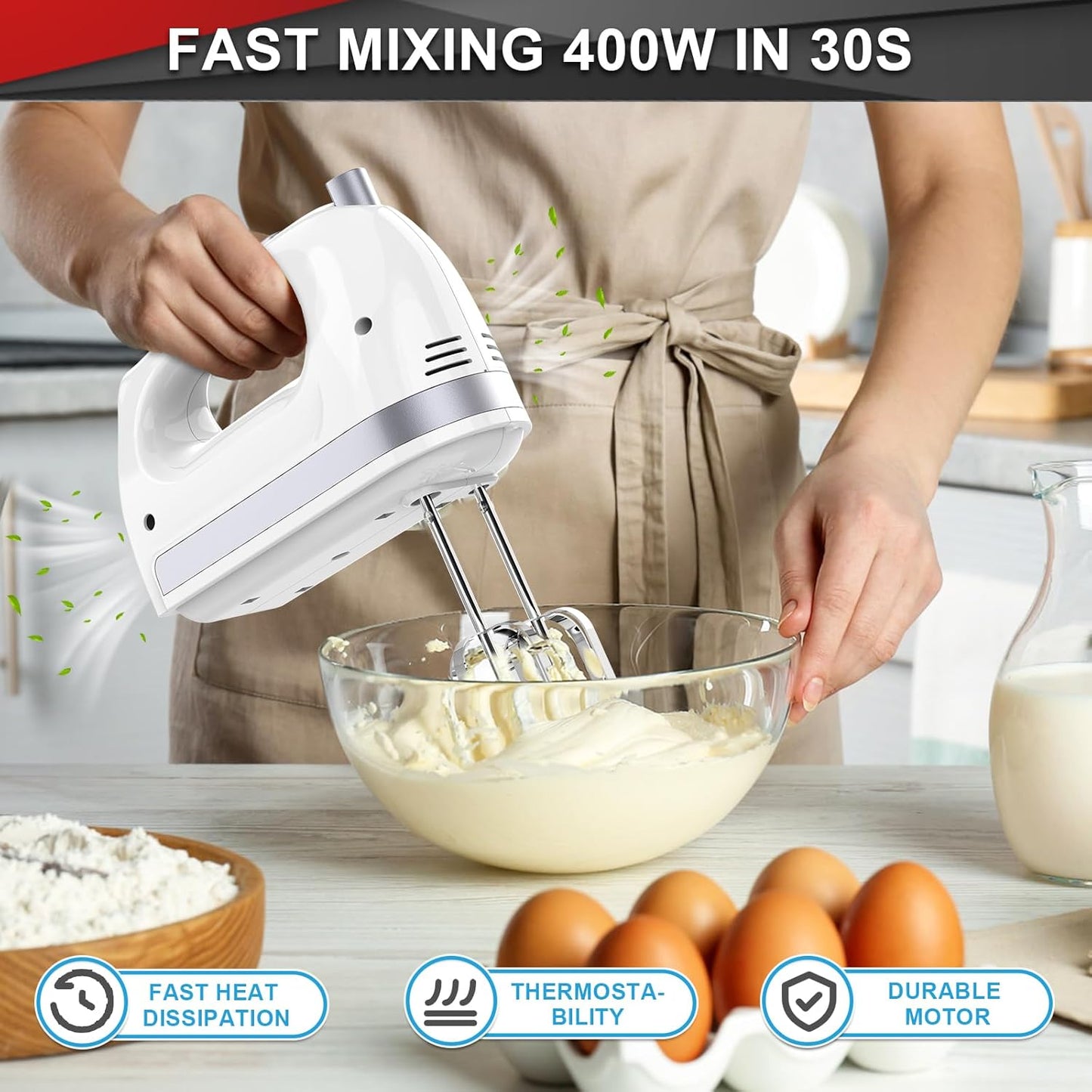 Lord Eagle Hand Mixer Electric 400W, 5 Speed handheld Mixer, 5 Stainless Steel Accessories for Baking Cake Egg Cream Food Beater, Turbo Boost/Self-Control Speed + Eject Button