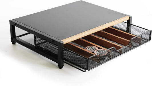 Coffee Pod Drawer,Coffee Station Organizer for Coffee Pod Storage,Movable Solid Wood Partition Board, Counter Coffee Bar Accessories for Nespresso Pods,Cream, Spoon, Sugar（Black)