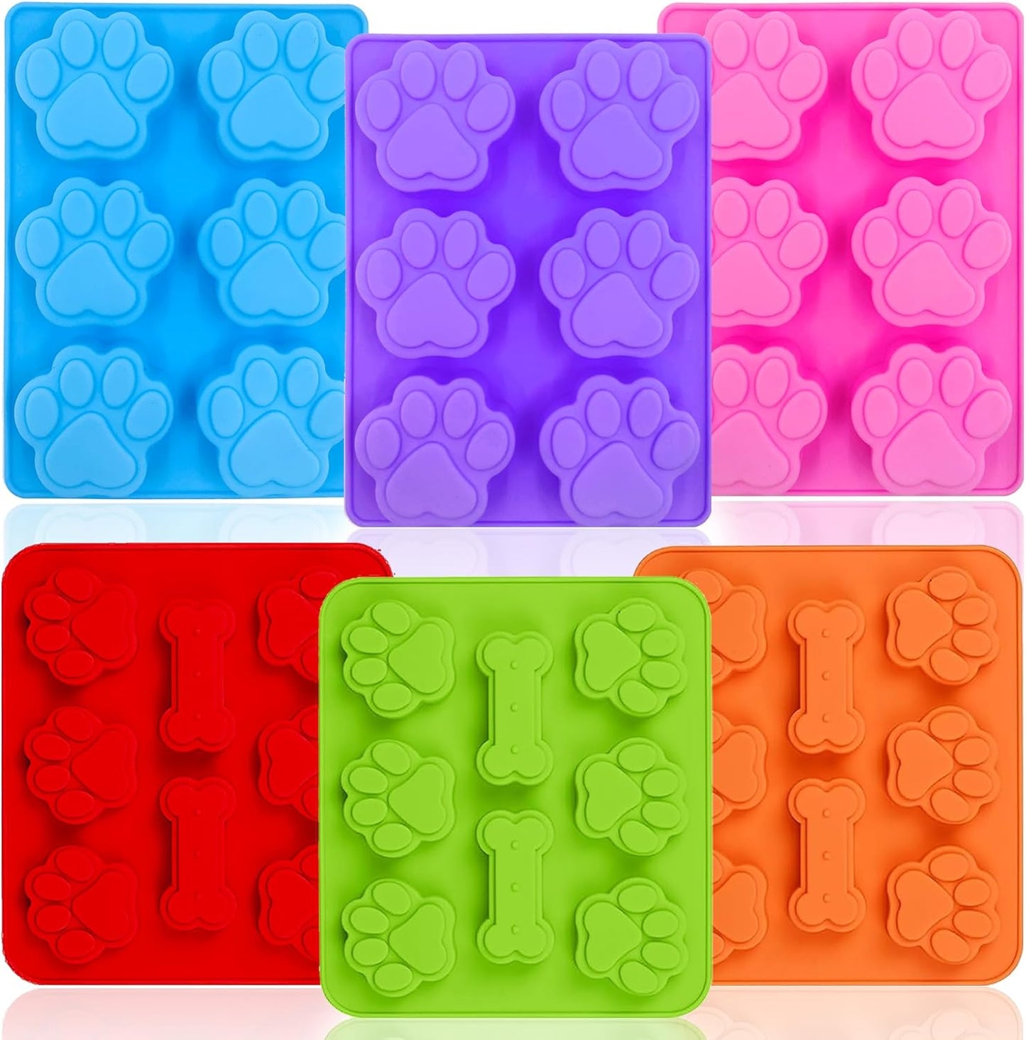 Puppy Dog Paw and Bone Silicone Molds, 2-in-1 and 6-in-a-row Dog Paw Molds,Non-Stick Food Grade,for Chocolate, Candy, Pudding, Jelly, Dog Treats-Set of 6 Pcs