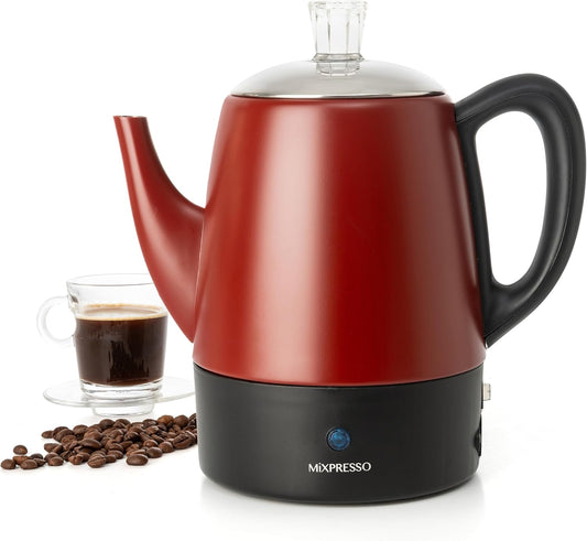 Mixpresso Red Small Percolator Coffee Pot Electric 4 Cup, Stainless Steel Coffee Maker, Coffee Percolator Electric With Keep Warm Function, 4 Cups Stainless Steel Perculator With Basket