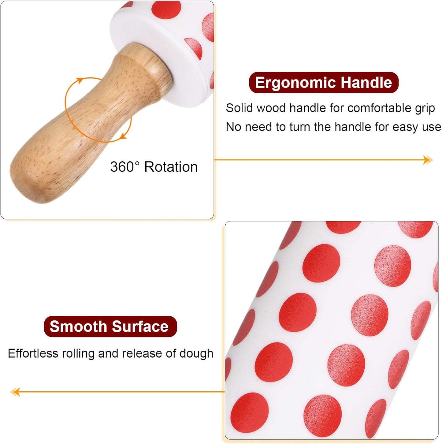 HARFINGTON Silicone Rolling Pins for Baking 9 Inch Wooden Handle Non Stick Rolling Pin Small Roller Playdough Rolling Pins for Dough Pizza Pastry Fondant Kitchen, Red White