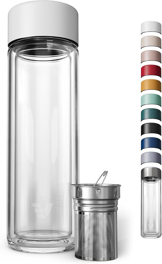 Glass Multi Tea Infuser Bottle 14oz - Double Wall Borosilicate Glass Flask | No Plastic Touches Contents | Perfect for Office or Home - White