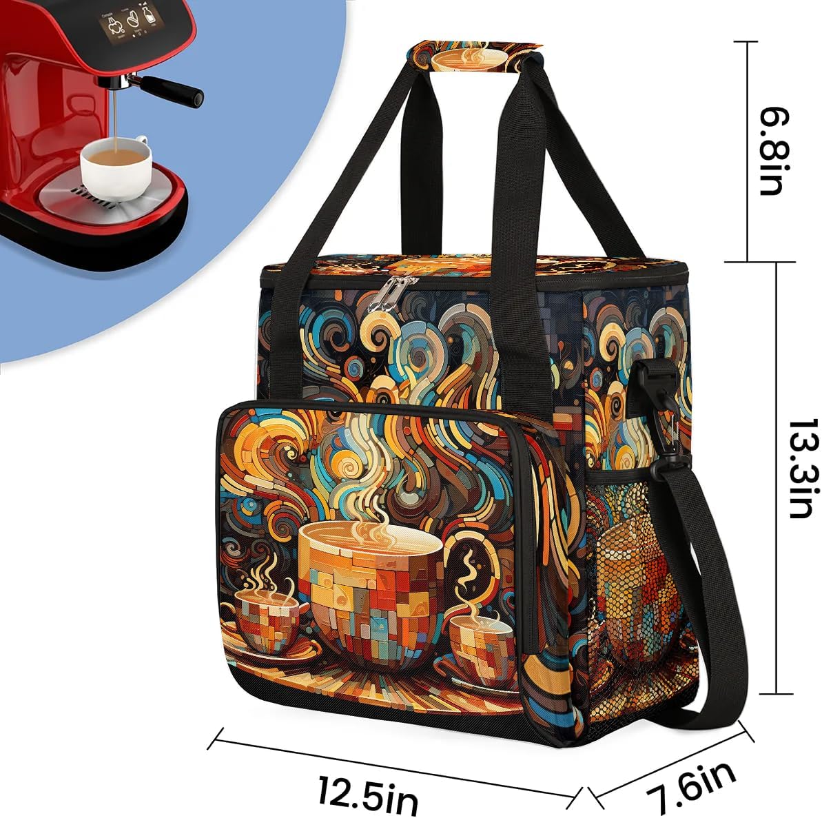 coffee beans cup cartoon Coffee Maker Carring Bag Travel Carrying Storage Tote Bag Compatible with Keurig K-Mini or K-Mini Plus Portable Single Serve Coffee Brewer Case with Pockets for K-cup Pods