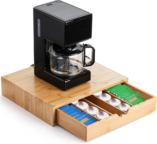 Peohud Bamboo Coffee Pod Drawer, Espresso Coffee Capsule Holder with 5 Adjustable Compartment, Tea Bag Storage Organizer for Kitchen Counter Office