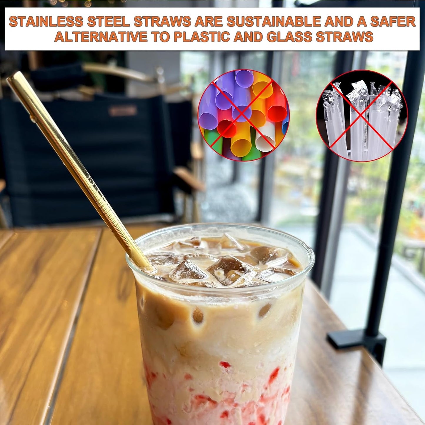 Stainless Steel Straws Metal Reusable Drinking Straw for Juice Iced Coffee Cold Beverage Water Highball Glasses 20oz Tumblers Mugs Cups, 0.24" 6mm Wide 215mm Long, Set of 8 with Brush, Gold