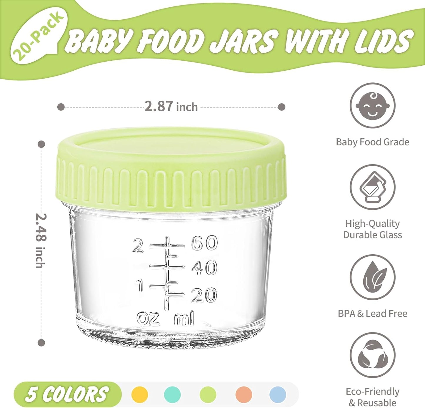 DRKIO 20 Pack Glass Baby Food Storage Containers 4 Oz Baby Food Jars with Lids Baby Food Maker Microwave Dishwasher Freezer Safe 100% Leak-Proof BPA Free