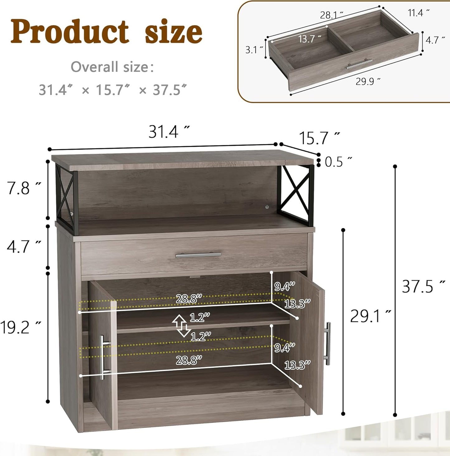 Vongrasig Sideboard Buffet Cabinet with Storage, 32” Modern Kitchen Storage Cabinet with Open Storage, Adjustable Shelf, Wood Farmhouse Coffee Bar Buffet Table for Kitchen, Dining Room, Ash Grey