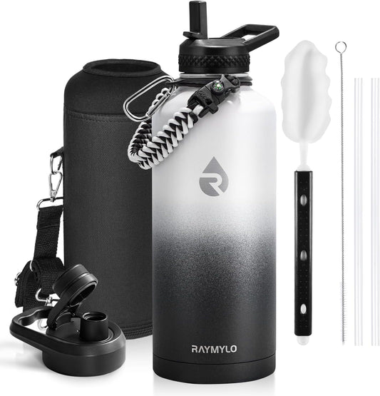 Insulated Water Bottle 87 oz, Triple Wall Vacuum Stainless Steel (Cold for 48 Hrs), Leak Proof & Non-BPA, Modern Water Flask Jug with Paracord Handle & Straw Spout Lids, Ombre: White/Black